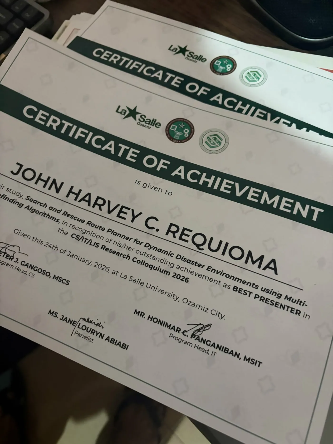 Certificate of Achievement — Best Presenter, Research Colloquium 2026