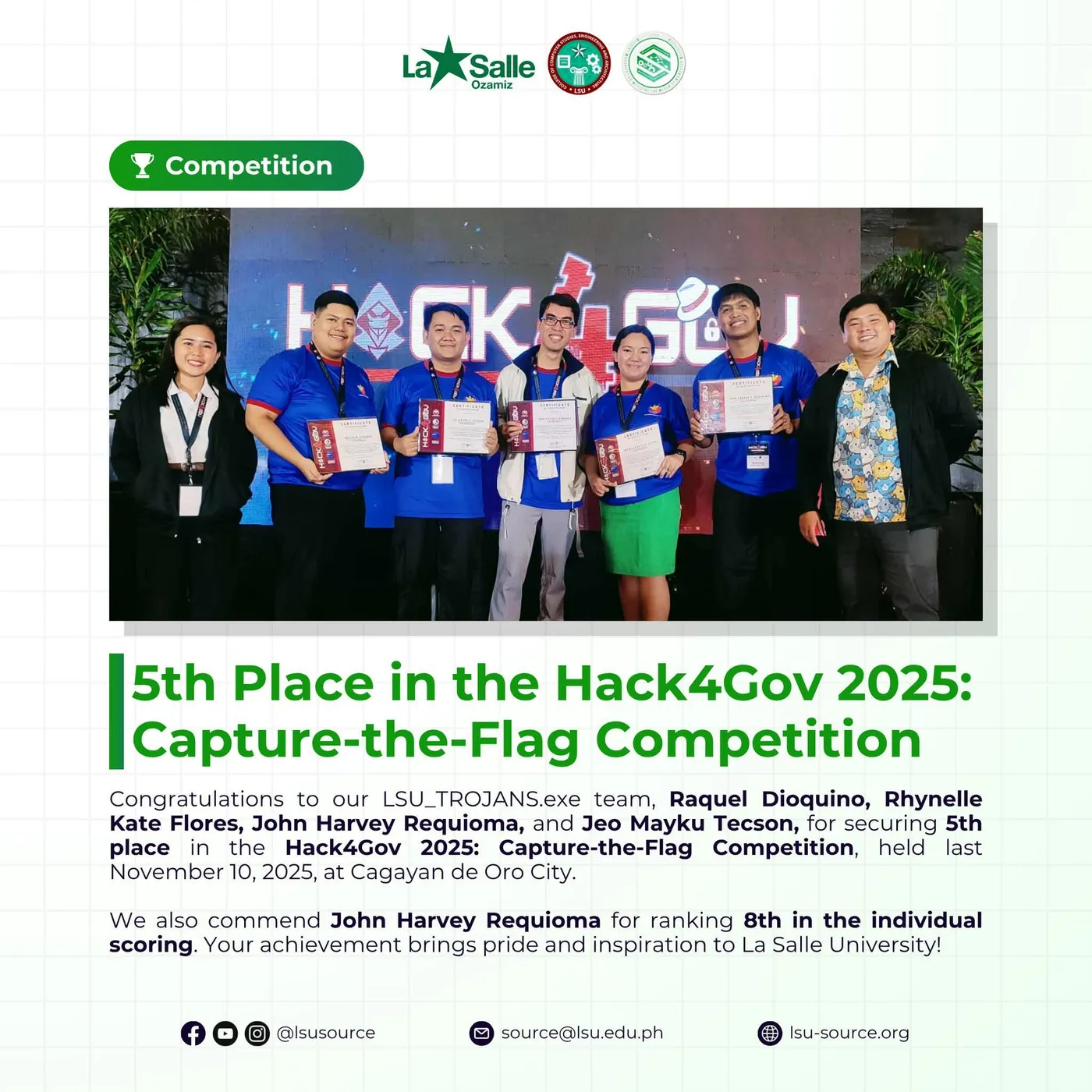5th Place — Hack4Gov 2025 CTF, Cagayan de Oro City · Nov 2025